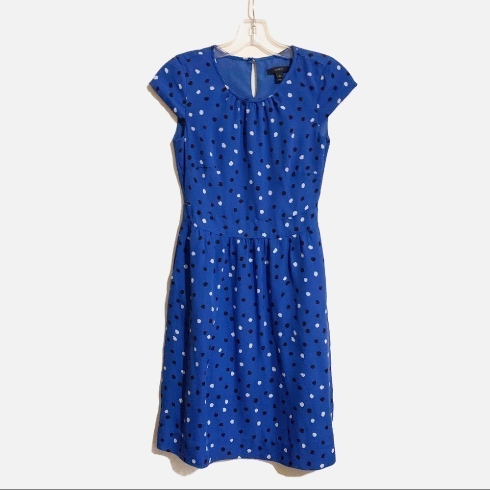 J. Crew Silk Blue Polka Dots Side Slit Pockets Lined midi dress. Size 00